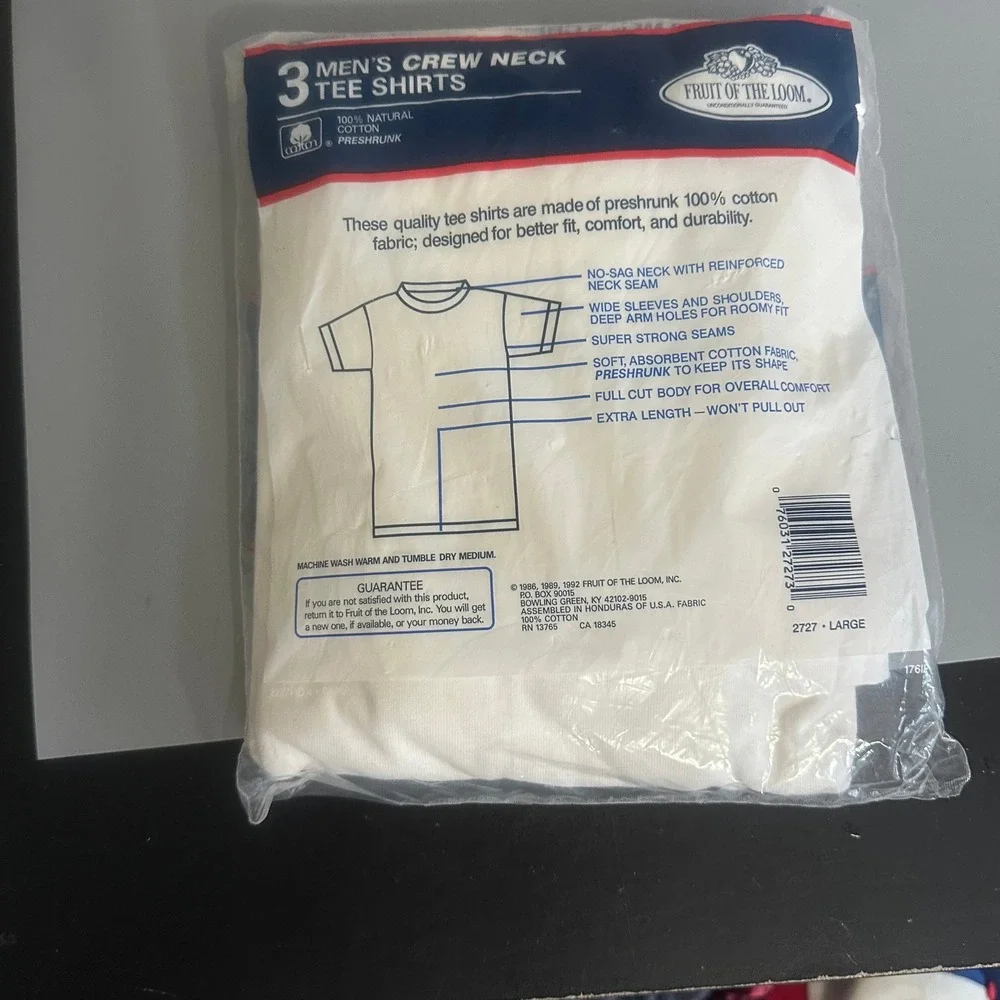 Vintage 1992 Fruit of the Loom 3 Pack Men Crew Neck Tee Shirts White Large 42-44